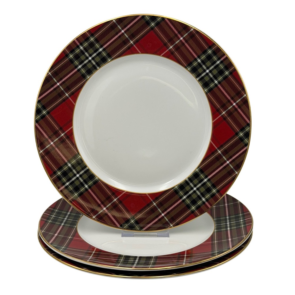 222 Fifth Wexford Christmas Holiday Red Plaid Porcelain Dinner Plates Set of 3